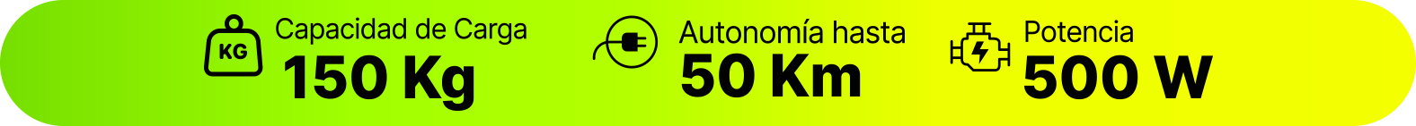 Especificaciones: 150 kg capacidad de carga, 50 km autonomía, 500 W potencia